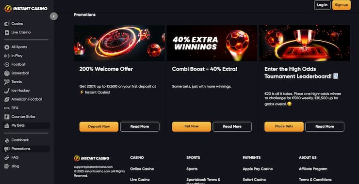Featured promos on Instant Casino, a top option among sportsbooks in India.